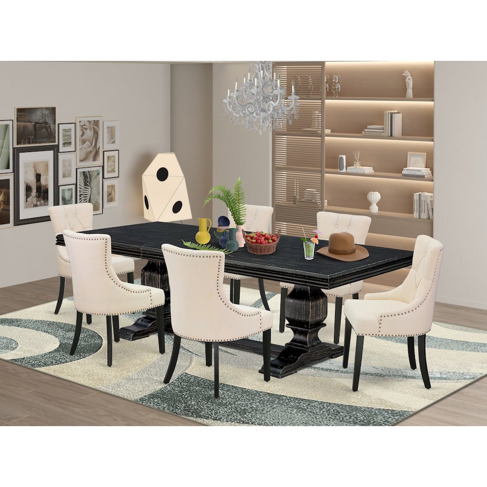 7 piece dining set a dining table and 4 Linen Fabric dining chairs & black legs
