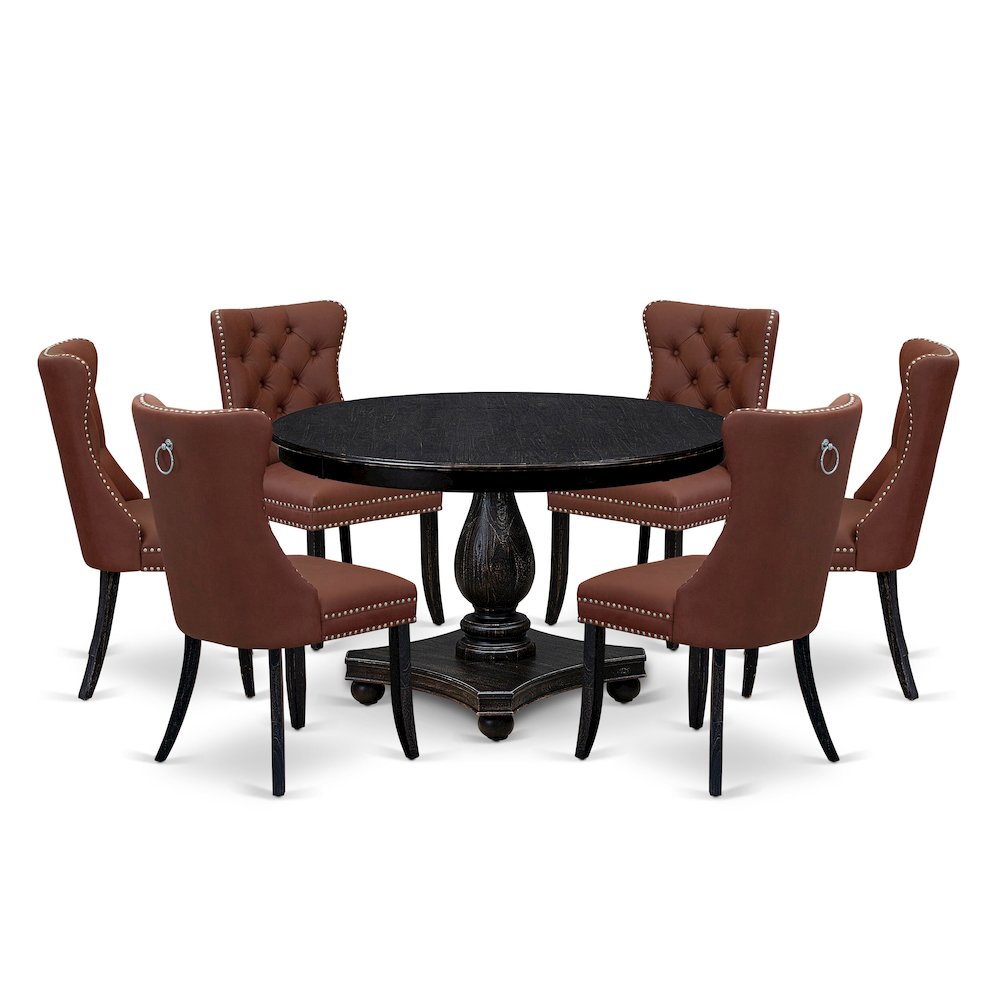 7 Piece Dining Table Set Contains 48″ Round Table In Burgandy Color