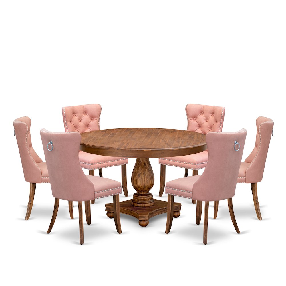 7-Pc Dinner Set Contain A Mid Century Table And 6 Beige Red Upholstered Chairs