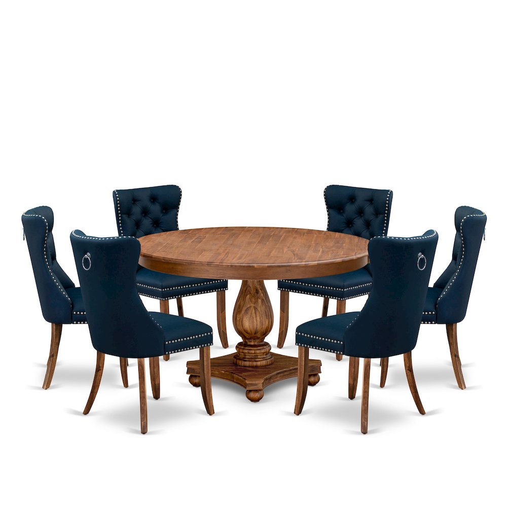 7-Pc Kitchen Dining Table Set Contain A Mid Century Table And 6 Navy Blue Chairs