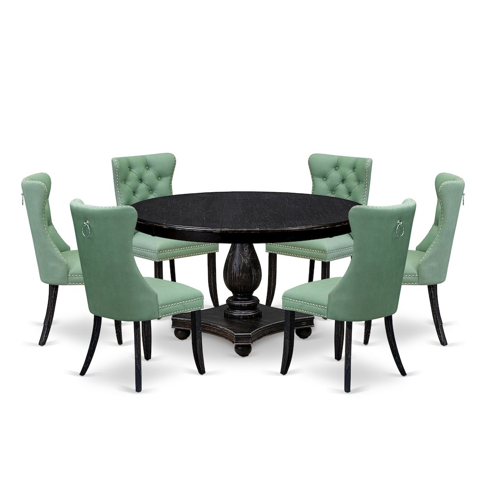 7 Piece Dinette Set Contains 54″ Round Table In Willow Green Color