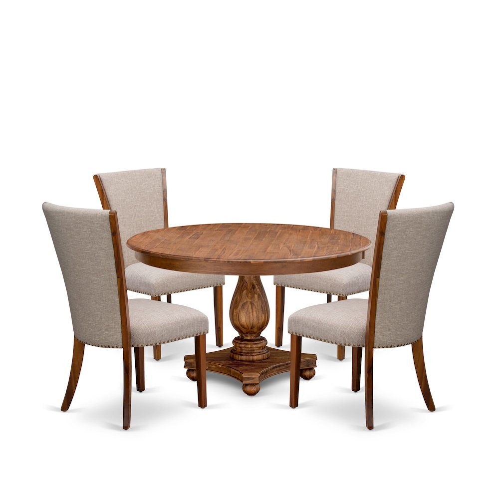 5 Piece Kitchen Table Set Includes 54″ Round Table In Light Tan Color