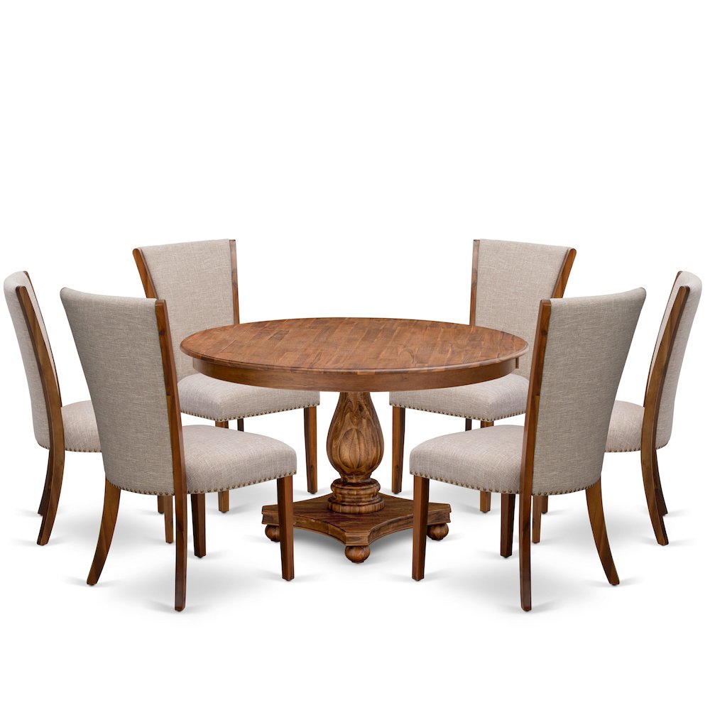 7 Piece Dinette Set Consists Of 54″ Round Dining Table In Light Tan Color
