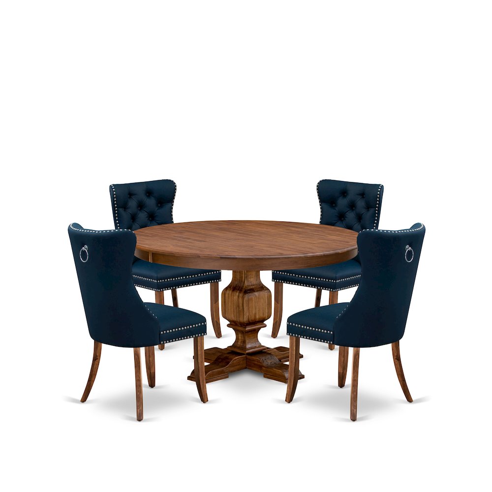5-Pc Dining Table Set Include A Round Dining Table And 4 Navy Blue Dining Chairs
