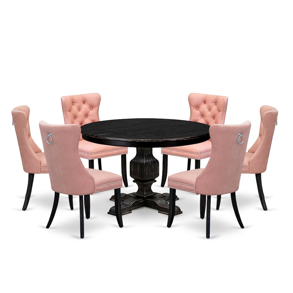 7 Piece Dining Set Consists Of 48″ Round Table In Beige Red Color