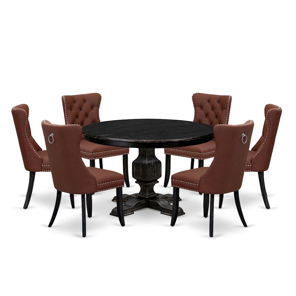 7 Piece Dining Table Set Consists Of 48″ Round Table In Burgandy Color