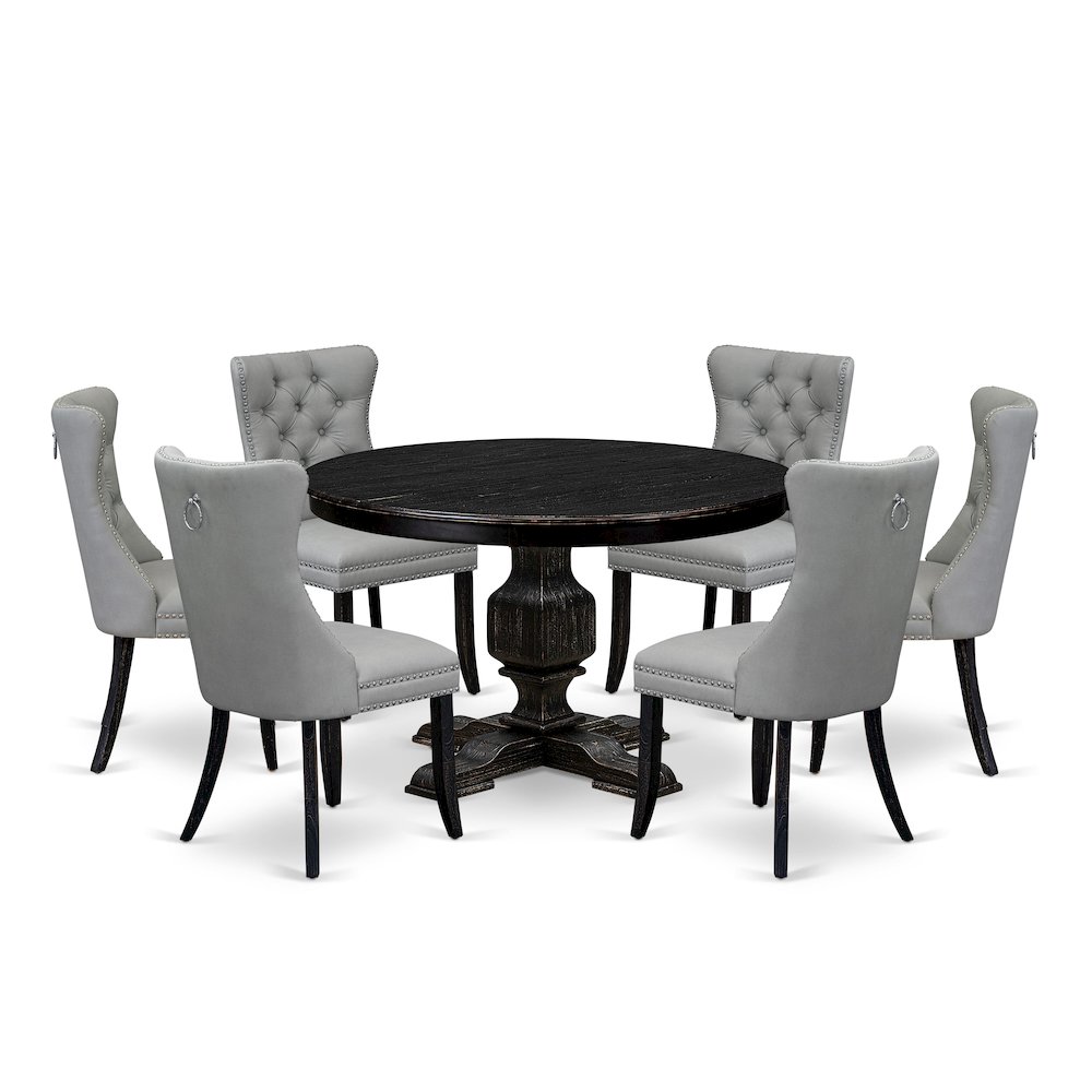 7 Piece Dining Table Set Consists Of 48″ Round Table In Light Gray Color