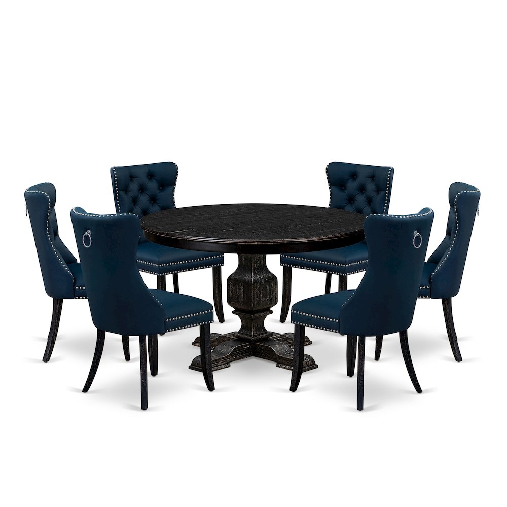 7 Piece Dining Table Set Includes 48″ Round Table In Navy Blue Color