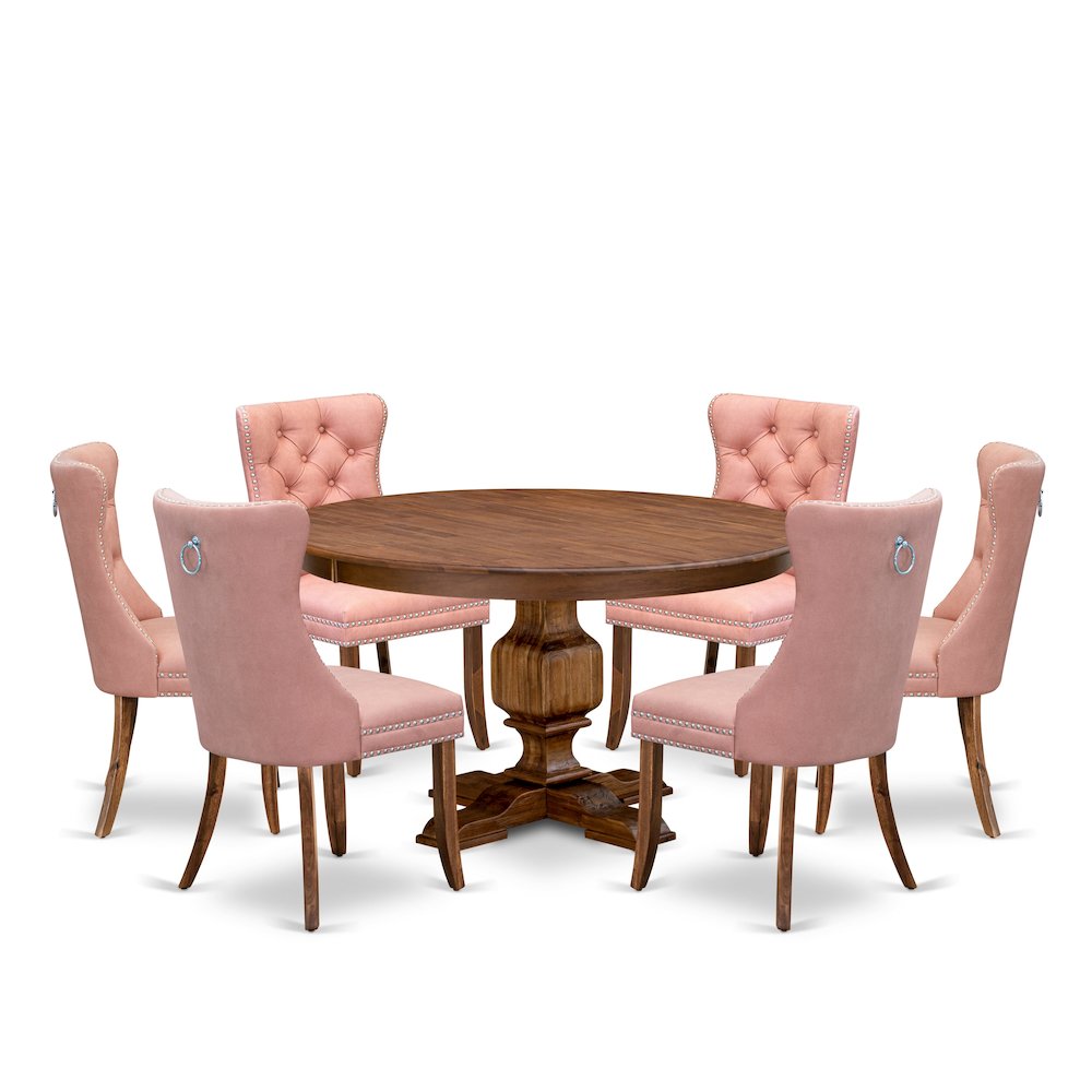 7-Pc Kitchen Set Consist A Mid Century Table And 6 Beige Red Upholstered Chairs