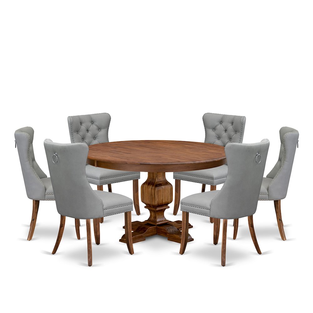 7-Pc Mid Century Dining Set Consist A Table And 6 Light Gray Upholstered Chairs