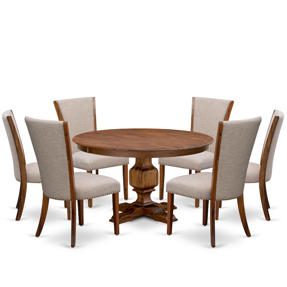 7 Piece Dining Set For 6 Includes 54″ Round Table In Light Tan Color