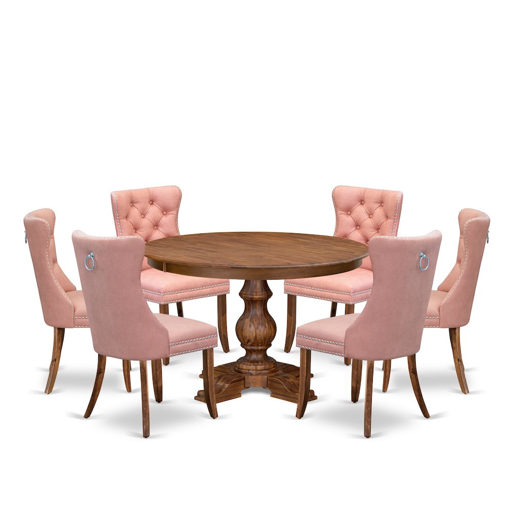7-Pc Mid Century Modern Dining Table Set Include A Table And 6 Beige Red Chairs