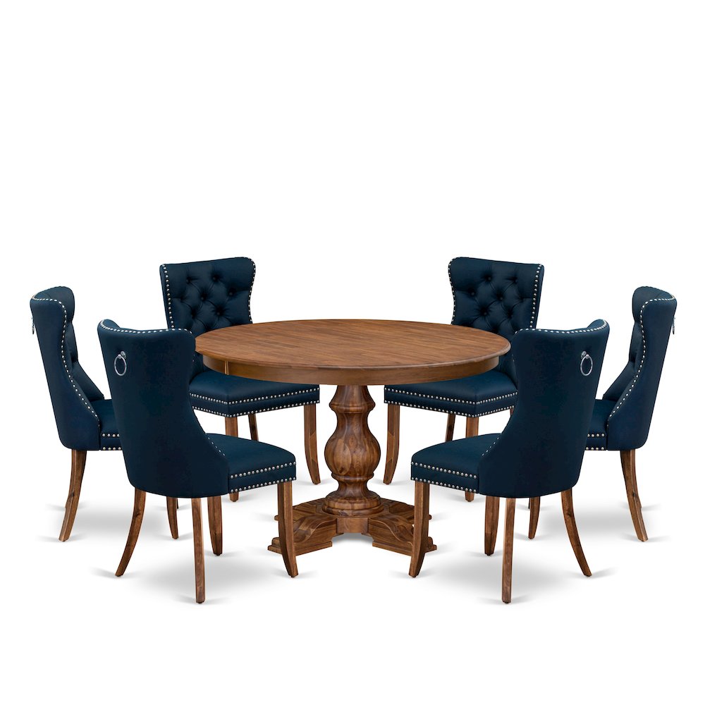 7-Piece Kitchen Table Set Featuring 6 Navy Blue Faux Leather Dining Chairs