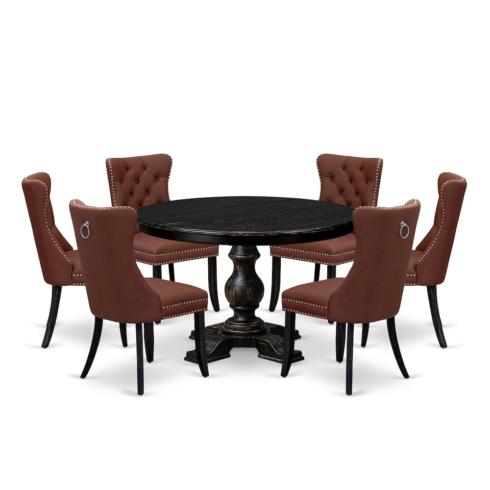 7 Piece Dining Table Set Includes 48″ Round Table In Burgandy Color