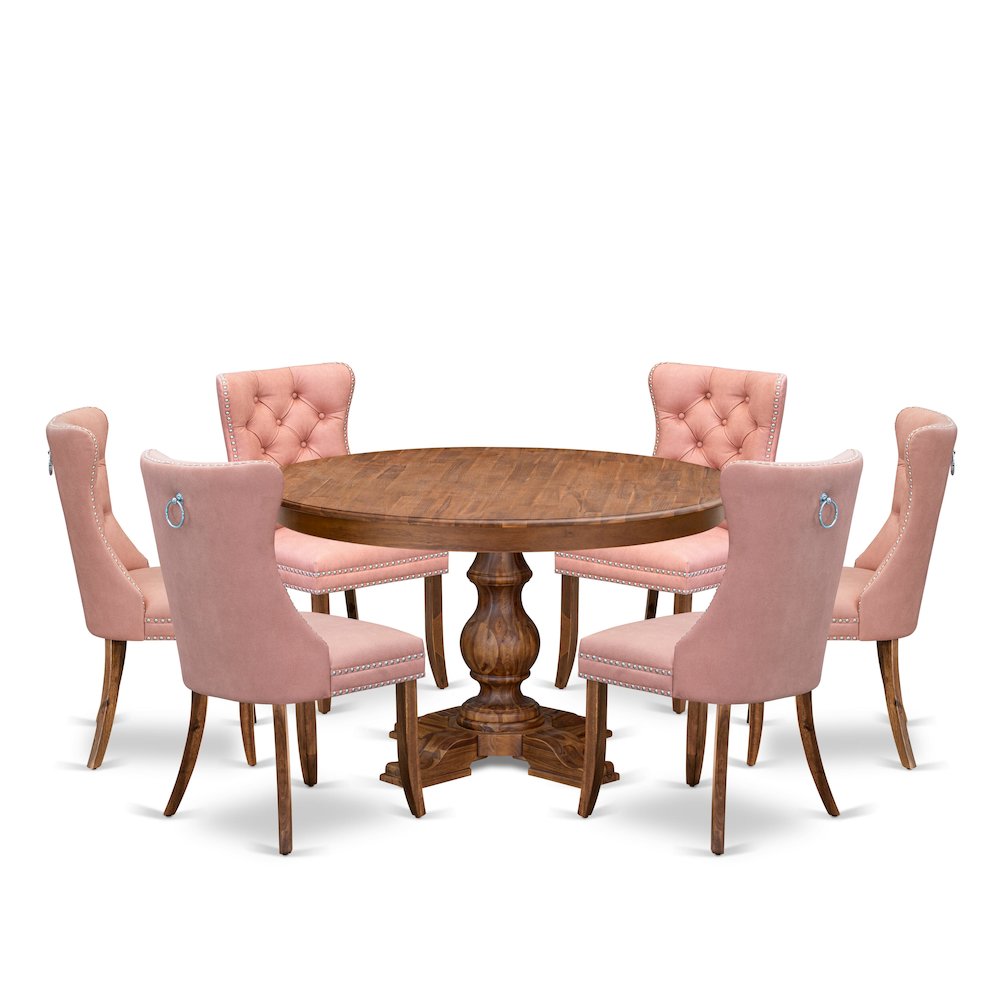 7-Pc Dining Room Set Include A Table And 6 Beige Red Upholstered Dining Chairs