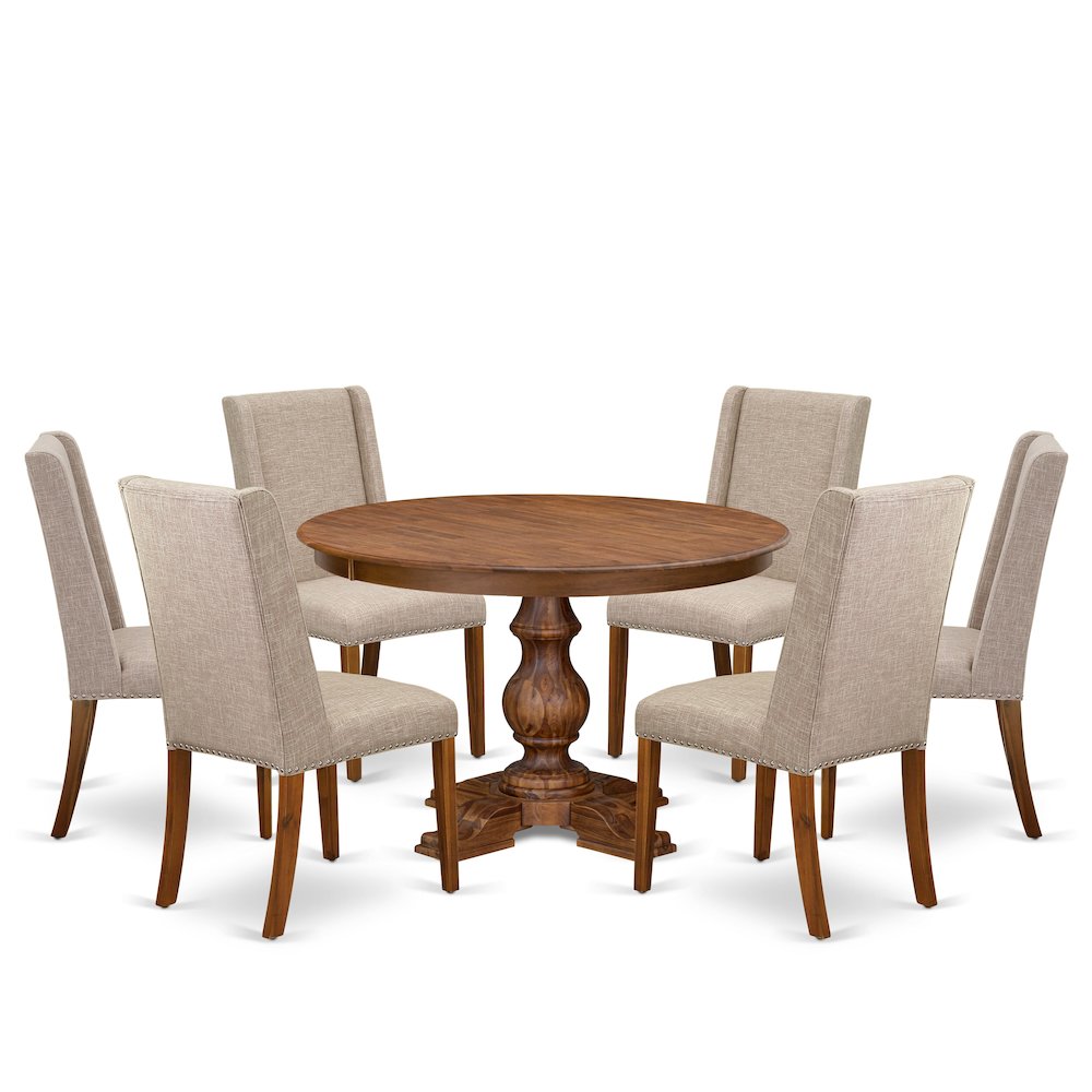 7-Piece Modern Dining Table And 6 Light Tan Linen Fabric Dinner Chairs