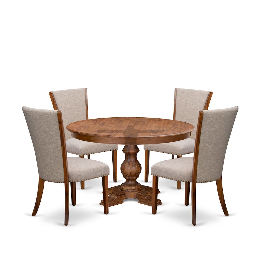 5 Piece Dining Table Set Includes 54″ Round Table In Light Tan Color
