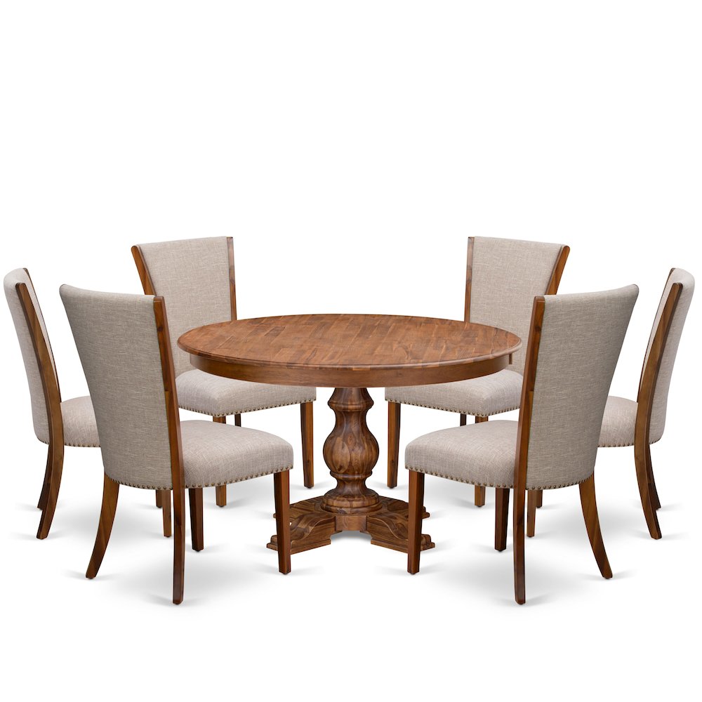 7 Piece Dinette Set Consists Of 54″ Round Dining Table In Light Tan Color
