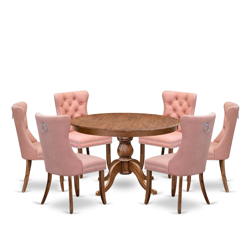 7-Pc Dining Room Table Set Contain A Mid Century Table And 6 Beige Red Chairs