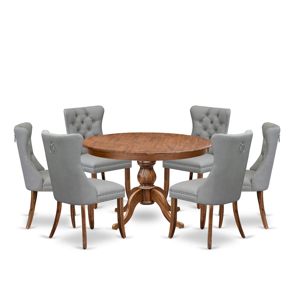7-Pc Mid Century Dining Set Contain A Table And 6 Light Gray Upholstered Chairs