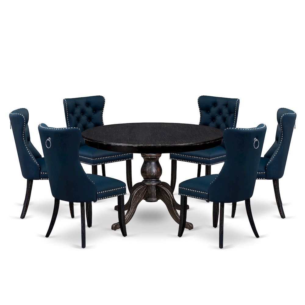 7 Piece Dining Table Set Consists Of 48″ Round Table In Navy Blue Color