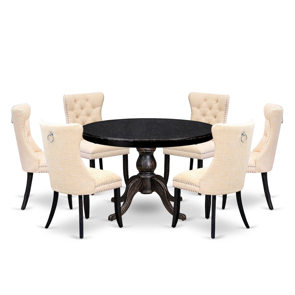 7-Piece Dining A Dining Table And 6 Light Beige Linen Fabric Parsons Chairs