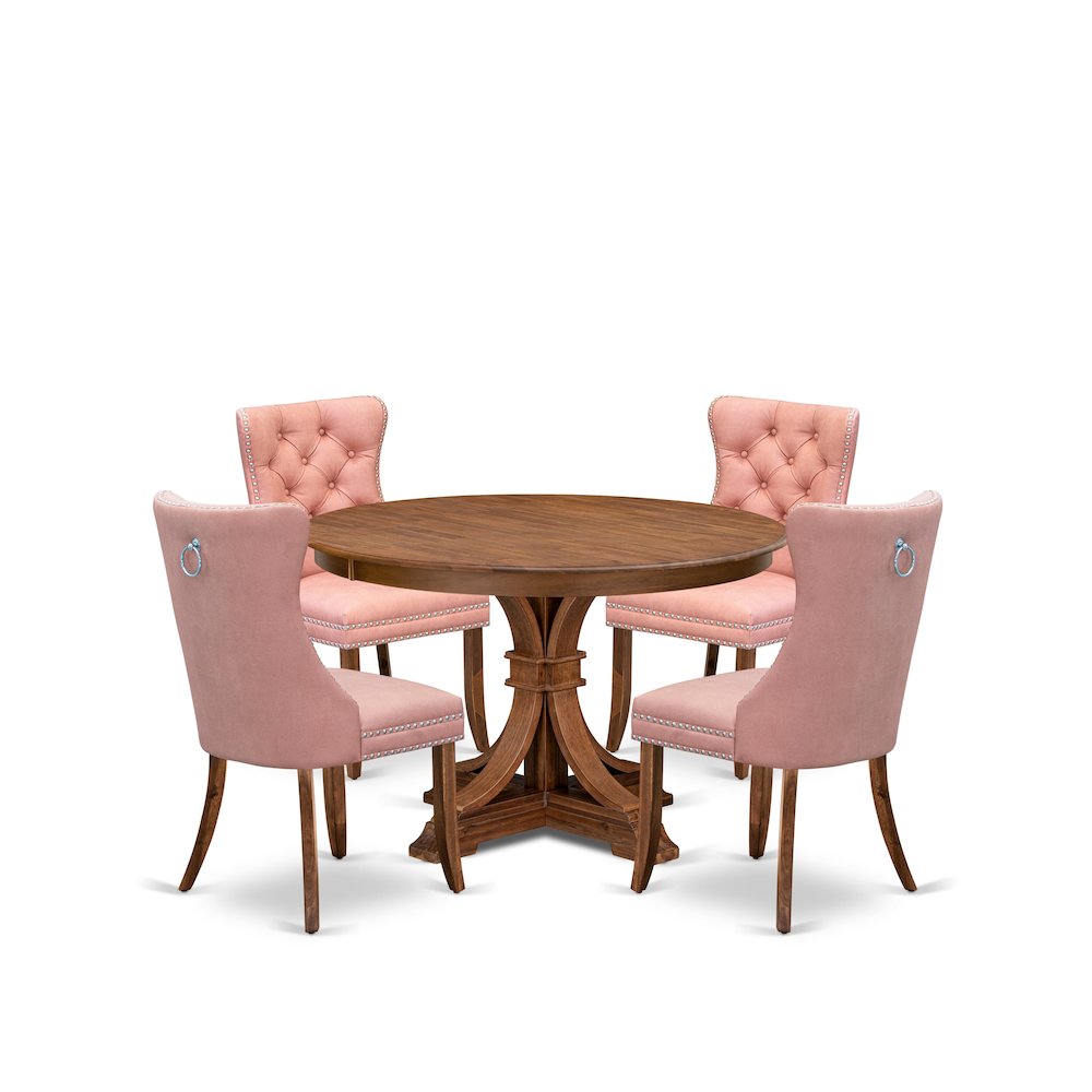 5-Pc Kitchen Table Set Include A Wooden Table And 4 Beige Red Padded Chairs