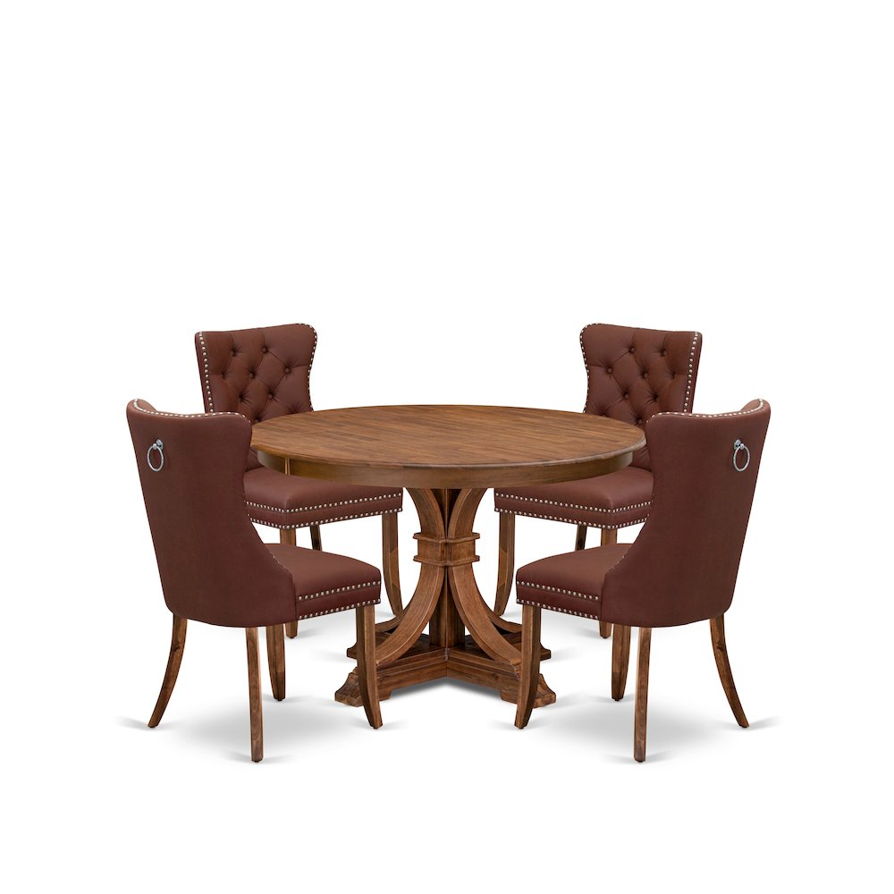 5-Pc Modern Table Set Include A Wooden Table And 4 Burgundy Upholstered Chairs