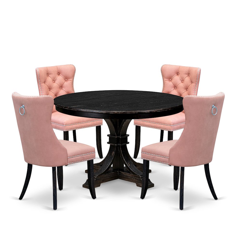 5 Piece Dining Set For 4 Includes 48″ Round Table In Beige Red Color