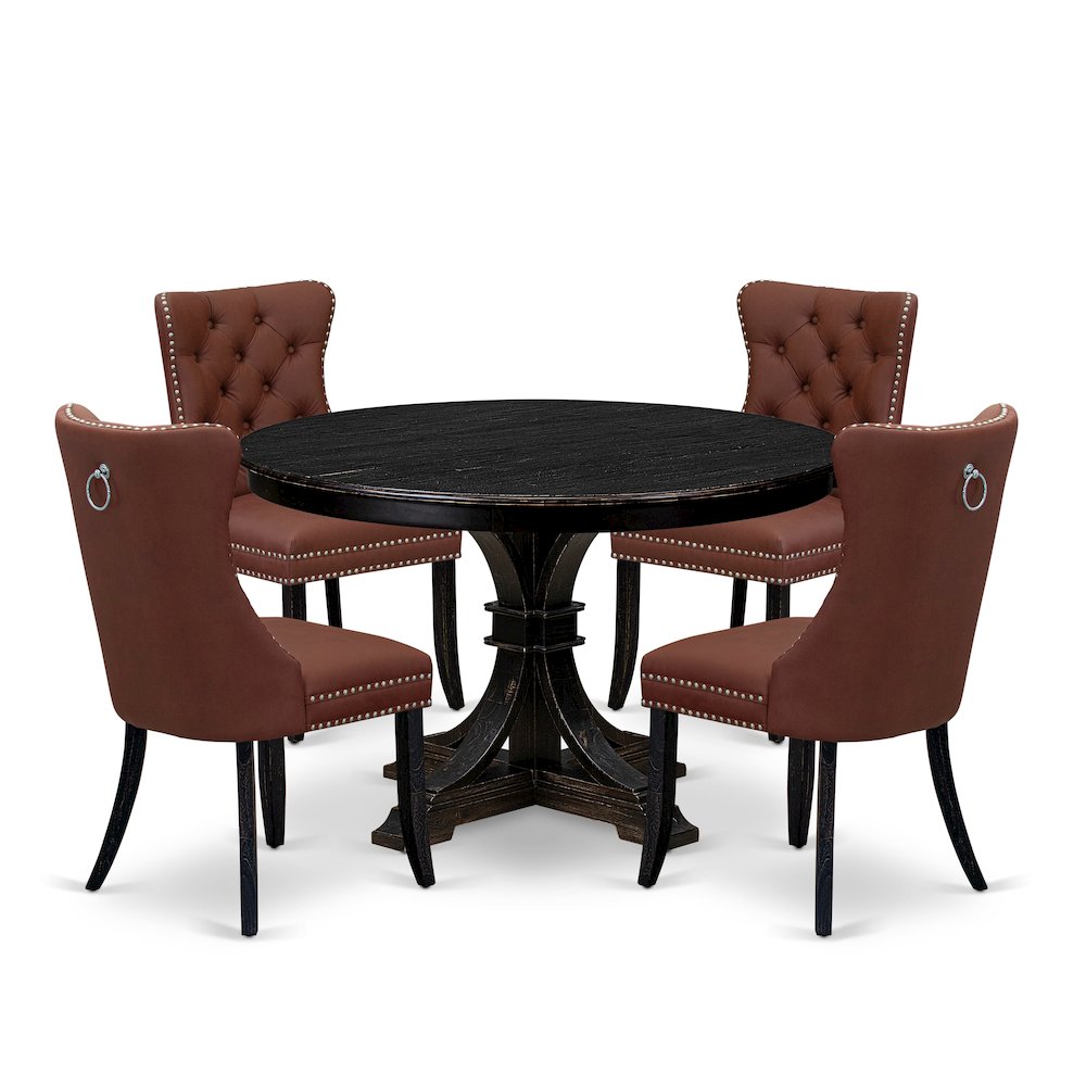 5 Piece Dining Table Set Includes 48″ Round Table In Burgandy Color