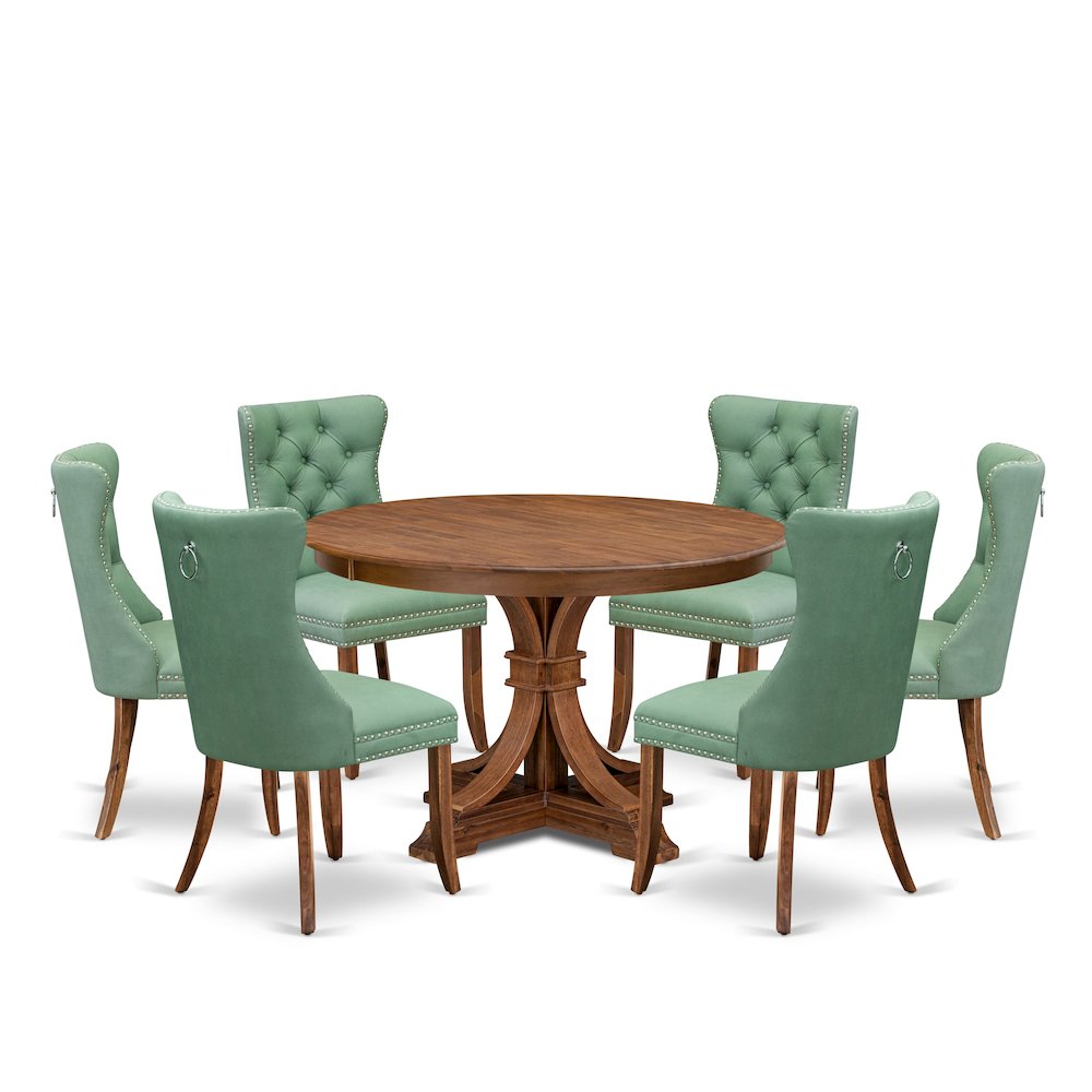 7-Pc Dinner Set Consist A Mid Century Dining Table And 6 Willow Green Chairs