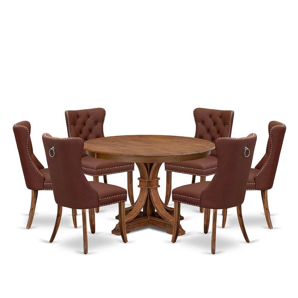 7-Pc Modern Set Consist A Mid Century Dining Table And 6 Burgundy Parson Chairs