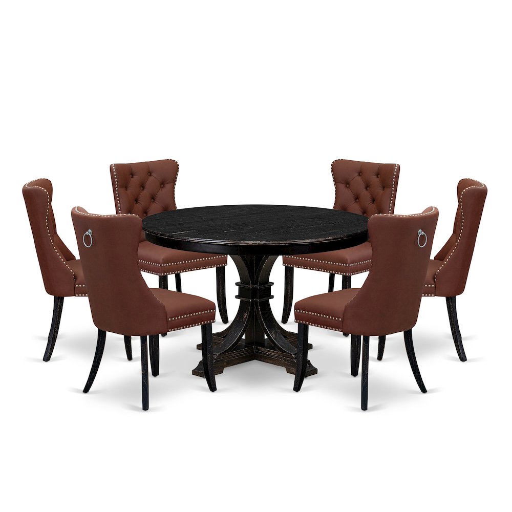 7 Piece Dining Table Set Consists Of 48″ Round Table In Burgandy Color