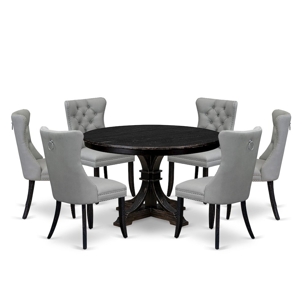 7 Piece Dining Table Set Consists Of 48″ Round Table In Light Gray Color