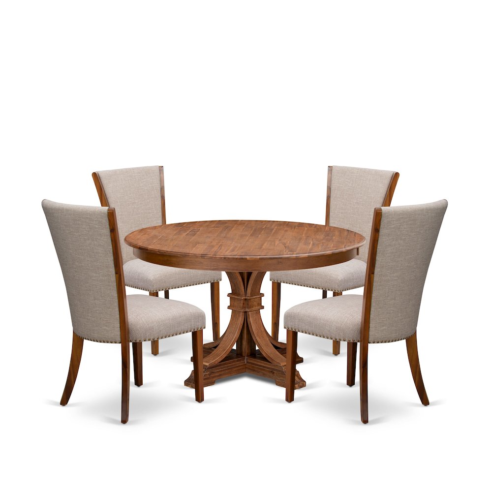 5 Piece Kitchen Table Set Contains 54″ Round Table In Light Tan Color