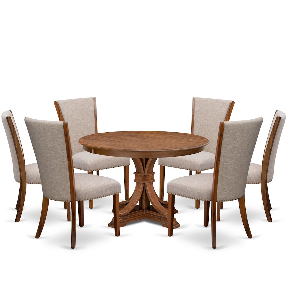 7 Piece Dinette Set Consists Of 48″ Round Dining Table In Light Tan Color
