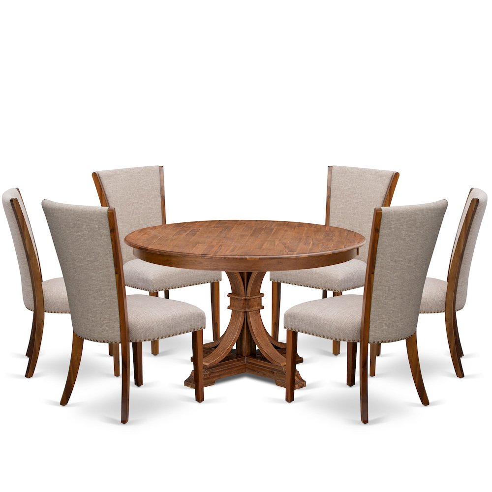7 Piece Dining Set For 6 Includes 54″ Round Table In Light Tan Color
