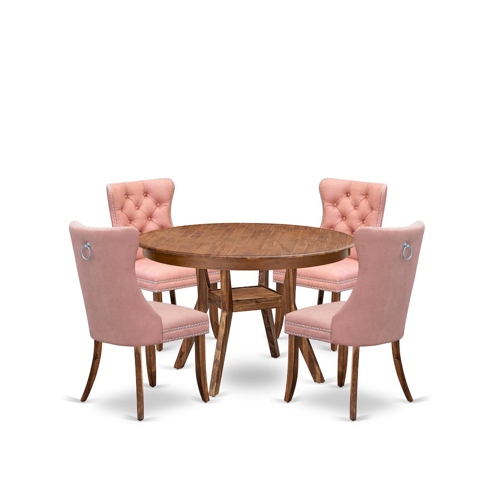 5-Pc Room Set Contain A Wooden Dining Table And 4 Beige Red Parson Dining Chairs