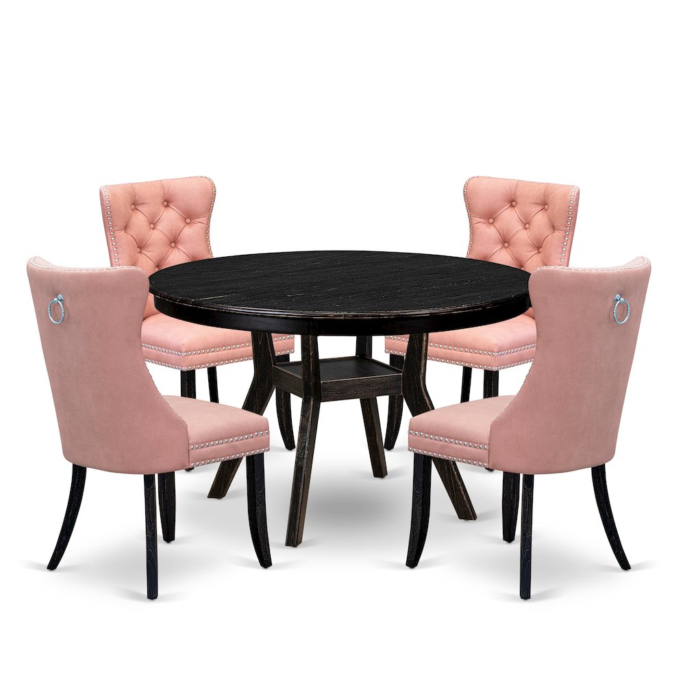 5 Piece Dining Set For 4 Contains 48″ Round Table In Beige Red Color