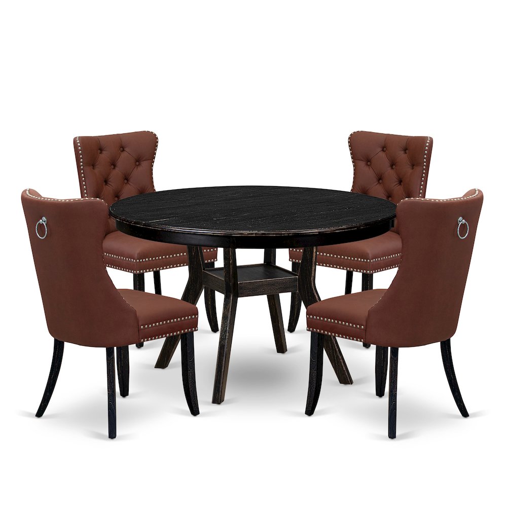 5 Piece Dining Table Set Contains 48″ Round Table In Burgandy Color