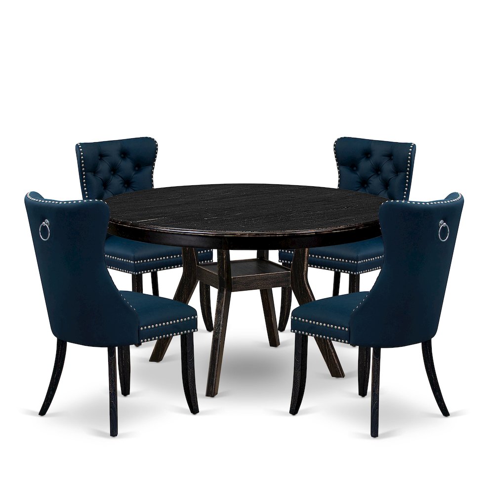5 Piece Dining Table Set Consists Of 54″ Round Table In Navy Blue Color