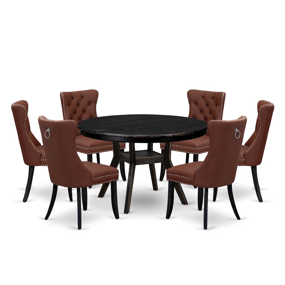 7 Piece Dining Table Set Includes 48″ Round Table In Burgandy Color