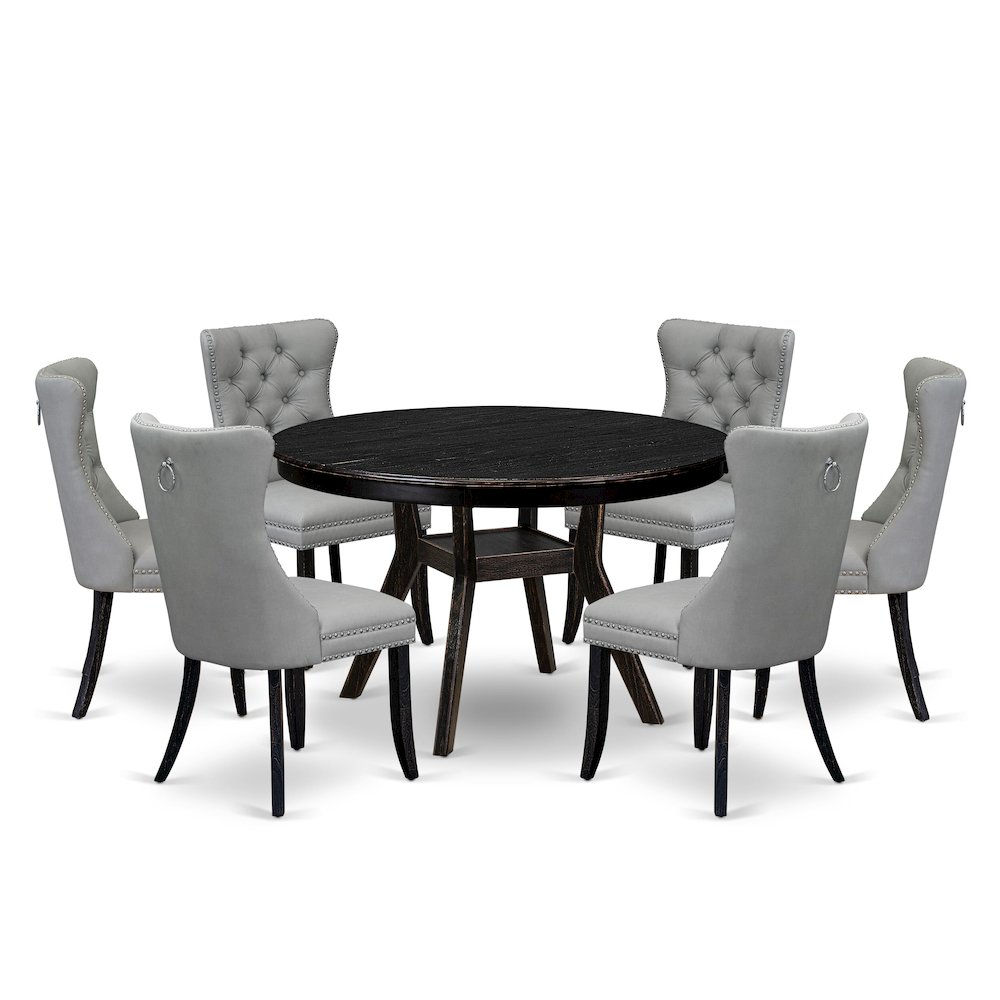 7 Piece Dining Table Set Includes 48″ Round Table In Light Gray Color