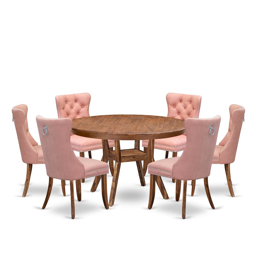 7-Pc Modern Dining Set Consist A Dinner Table And 6 Beige Red Upholstered Chairs
