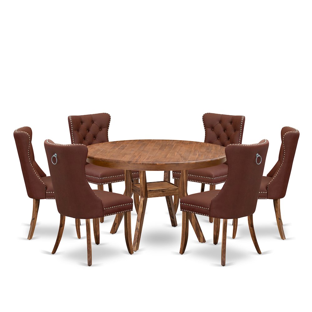 7-Pc Dinner Table Set Consist A Dinner Table And 6 Burgundy Padded Chairs