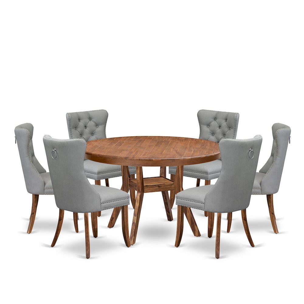 7-Pc Dining Set Consist A Dinner Table And 6 Light Gray Upholstered Chairs