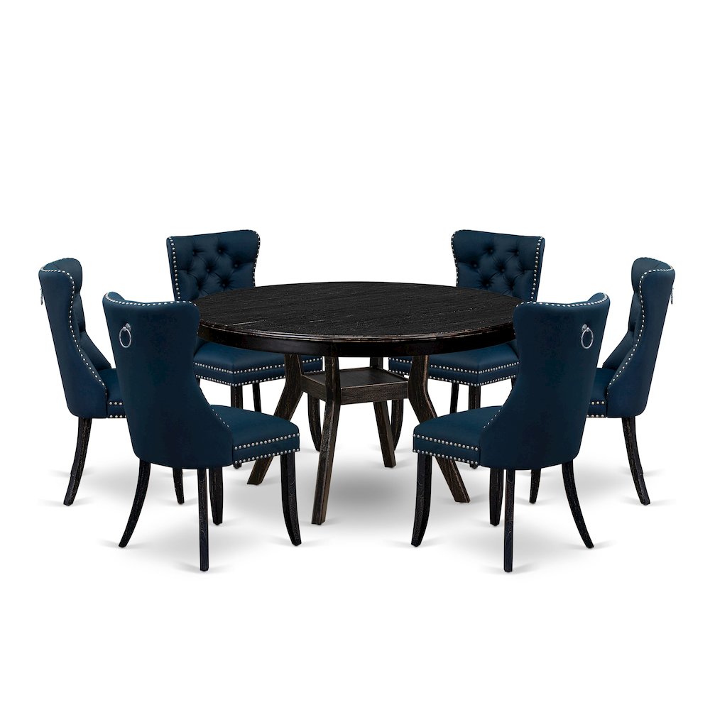 7 Piece Dining Table Set Contains 54″ Round Table In Navy Blue Color
