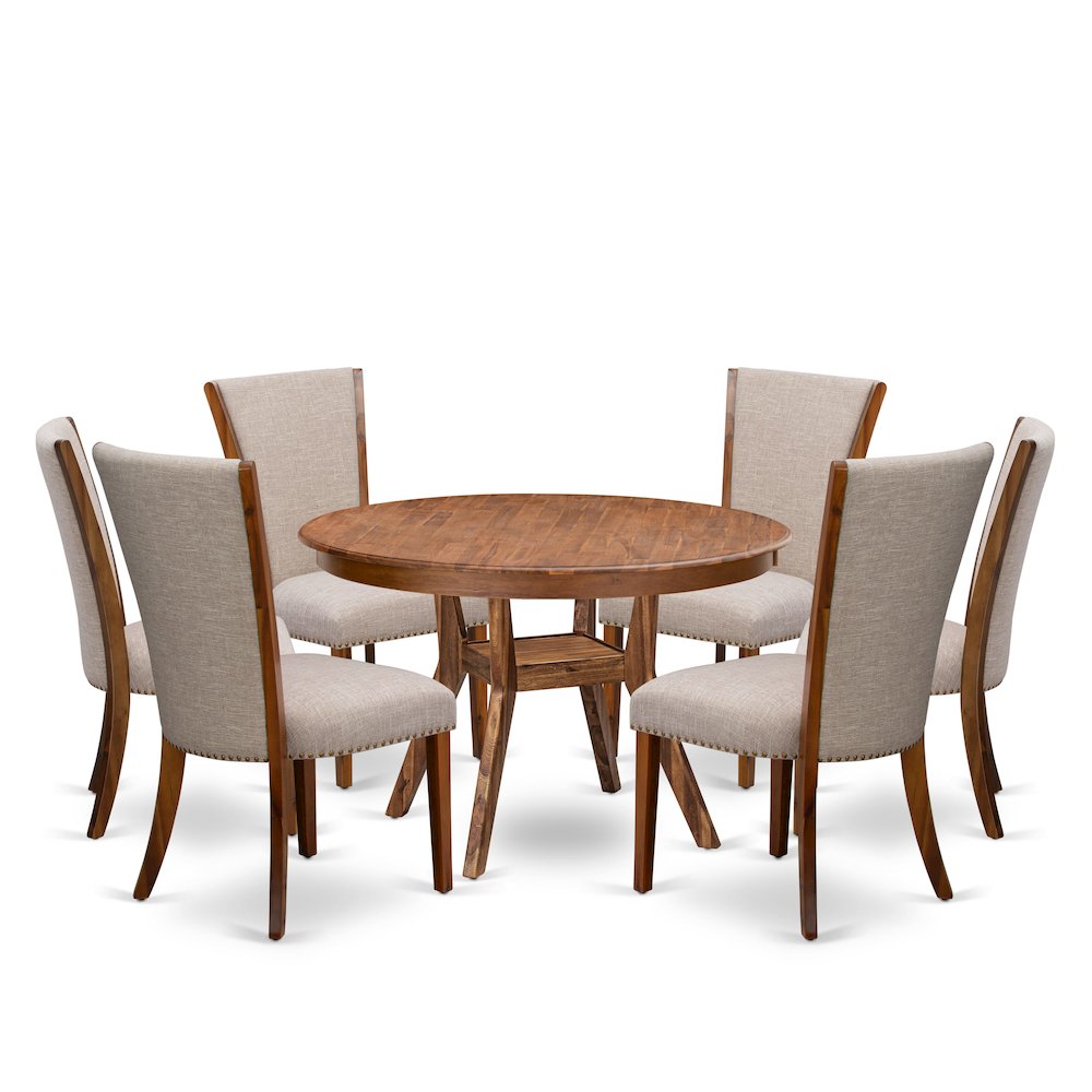 7 Piece Kitchen Table Set Includes 48″ Round Table In Light Tan Color