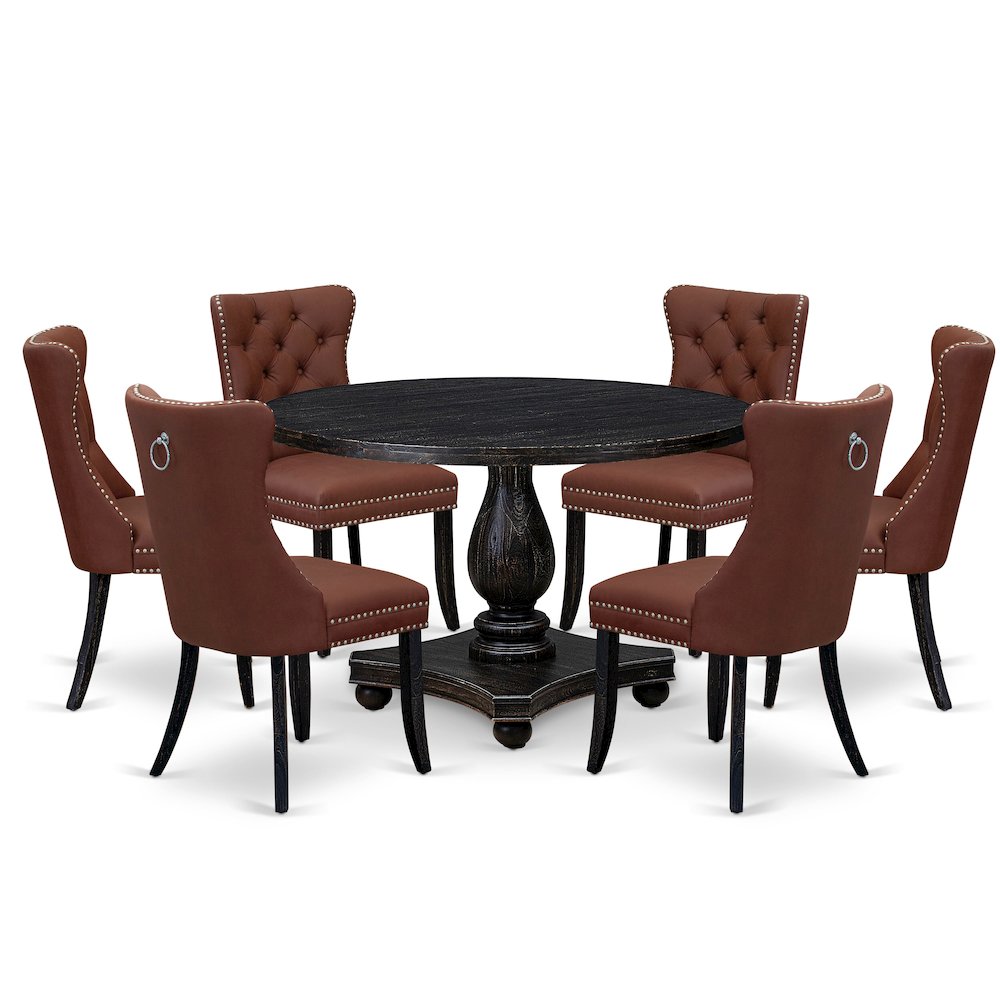 7 Piece Dining Table Set Consists Of 48″ Round Table In Burgandy Color