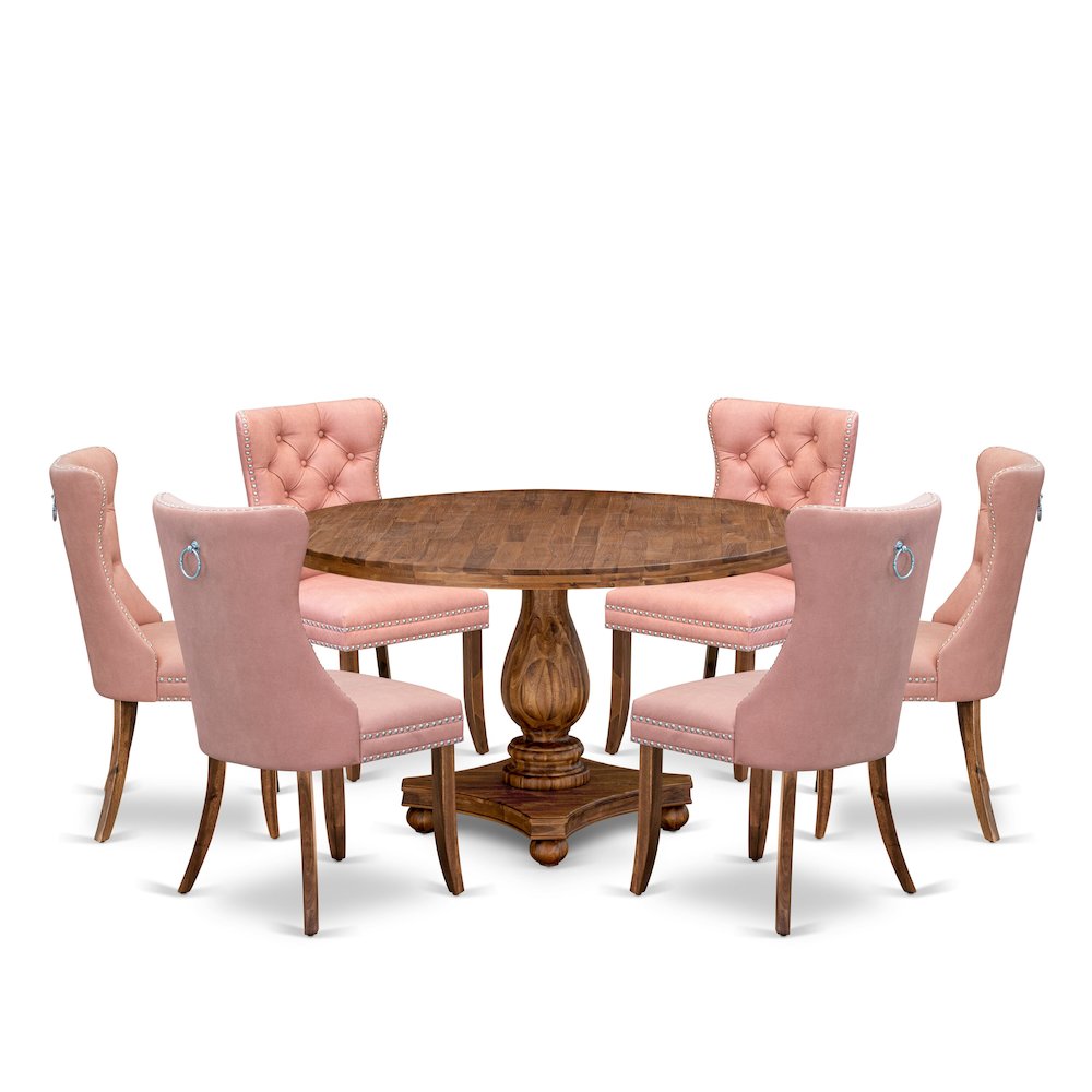 7-Pc Mid Century Dining Set Contain A Table And 6 Beige Red Upholstered Chairs